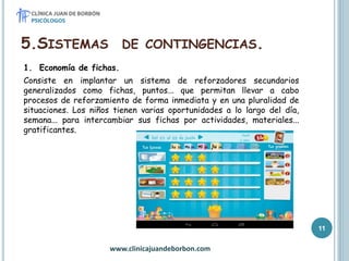 5.SISTEMAS DE CONTINGENCIAS.
1. Economía de fichas.
Consiste en implantar un sistema de reforzadores secundarios
generalizados como fichas, puntos... que permitan llevar a cabo
procesos de reforzamiento de forma inmediata y en una pluralidad de
situaciones. Los niños tienen varias oportunidades a lo largo del día,
semana... para intercambiar sus fichas por actividades, materiales...
gratificantes.
www.clinicajuandeborbon.com
11
 