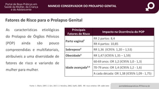 MANEJO CONSERVADOR DO PROLAPSO GENITAL
portaldeboaspraticas.iff.fiocruz.br
Principais
Fatores de Risco
Impacto na Ocorrência do POP
Parto vaginal¹
RR 2 partos: 8,4
RR 4 partos: 10,85
Sobrepeso² RR 1,36 (IC95% 1,20 – 1,53)
Obesidade² RR 1,47 (IC95% 1,35 – 1,59)
Idade avançada³,4
60-69 anos: OR 1,2 (IC95% 1,0 - 1,3)
70-79 anos: OR 1,4 (IC95% 1,2 - 1,6)
A cada década: OR 1,38 (IC95% 1,09 - 1,75)
Fatores de Risco para o Prolapso Genital
As características etiológicas
do Prolapso de Órgãos Pélvicos
(POP) ainda são pouco
compreendidas e multifatoriais,
atribuíveis a uma diversidade de
fatores de risco e variando de
mulher para mulher.
Fonte: 1. Mant, 1997; 2. Giri, 2017; 3. Hendrix, 2002; Swift, 2005. RR: risco relativo OR: odds ratio
 