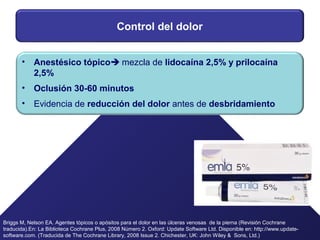Control del dolor
• Anestésico tópico mezcla de lidocaína 2,5% y prilocaína
2,5%
• Oclusión 30-60 minutos
• Evidencia de reducción del dolor antes de desbridamiento
Briggs M, Nelson EA. Agentes tópicos o apósitos para el dolor en las úlceras venosas de la pierna (Revisión Cochrane
traducida).En: La Biblioteca Cochrane Plus, 2008 Número 2. Oxford: Update Software Ltd. Disponible en: http://www.update-
software.com. (Traducida de The Cochrane Library, 2008 Issue 2. Chichester, UK: John Wiley & Sons, Ltd.)
 