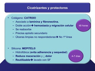 Cicatrizantes y protectores
• Colágeno: CATRIX®
– Asociado a laminina y fibronectina.
– Doble acción hemostasia y migración celular
– Se reabsorbe
– Precisa apósito secundario
– Úlceras limpias no respondedoras No 1ª línea
• Silicona: MEPITEL®
– Hidrofóbica (evita adherencia y sequedad)
– Reduce maceración y ↓ dolor
– Reutilizable lavado con SF
4-7 días
48 horas
 
