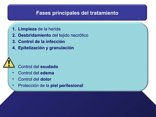Fases principales del tratamiento
1. Limpieza de la herida
2. Desbridamiento del tejido necrótico
3. Control de la infección
4. Epitelización y granulación
• Control del exudado
• Control del edema
• Control del dolor
• Protección de la piel perilesional
 