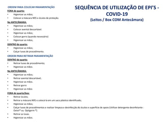 ORDEM PARA COLOCAR PARAMENTAÇÃO
FORA do quarto:
• Higienizar as mãos;
• Colocar a máscara N95 e óculos de proteção.
Na ANTECÂMARA:
• Higienizar as mãos;
• Colocar avental descartável.
• Higienizar as mãos;
• Colocar gorro (quando necessário)
• Higienizar as mãos;
DENTRO do quarto:
• Higienizar as mãos;
• Calçar luvas de procedimento.
ORDEM PARA RETIRAR PARAMENTAÇÃO
DENTRO do quarto:
• Retirar luvas de procedimento;
• Higienizar as mãos.
Na ANTECÂMARA:
• Higienizar as mãos;
• Retirar avental descartável;
• Higienizar as mãos.
• Retirar gorro
• Higienizar as mãos
FORA do quarto/box:
• Retirar óculos;
• Retirar a máscara N95 e colocá-la em um saco plástico identificado;
• Higienizar as mãos;
• Calçar luvas de procedimentos e realizar limpeza e desinfecção do óculos e superfície de apoio (Utilizar detergente desinfetante -
Oxivir® ou Optigerm ®)
• Retirar as luvas.
• Higienizar as mãos.
SEQUÊNCIA DE UTILIZAÇÃO DE EPI’S -
COVID-19
(Leitos / Box COM Antecâmara)
 
