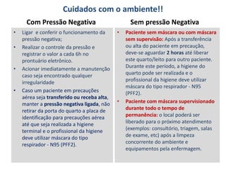 Com Pressão Negativa
• Ligar e conferir o funcionamento da
pressão negativa;
• Realizar o controle da pressão e
registrar o valor a cada 6h no
prontuário eletrônico.
• Acionar imediatamente a manutenção
caso seja encontrado qualquer
irregularidade
• Caso um paciente em precauções
aérea seja transferido ou receba alta,
manter a pressão negativa ligada, não
retirar da porta do quarto a placa de
identificação para precauções aérea
até que seja realizada a higiene
terminal e o profissional da higiene
deve utilizar máscara do tipo
respirador - N95 (PFF2).
Sem pressão Negativa
• Paciente sem máscara ou com máscara
sem supervisão: Após a transferência
ou alta do paciente em precaução,
deve-se aguardar 2 horas até liberar
este quarto/leito para outro paciente.
Durante este período, a higiene do
quarto pode ser realizada e o
profissional da higiene deve utilizar
máscara do tipo respirador - N95
(PFF2).
• Paciente com máscara supervisionado
durante todo o tempo de
permanência: o local poderá ser
liberado para o próximo atendimento
(exemplos: consultório, triagem, salas
de exame, etc) após a limpeza
concorrente do ambiente e
equipamentos pela enfermagem.
Cuidados com o ambiente!!
 