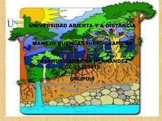 UNIVERSIDAD ABIERTA Y A DISTANCIA


 MANEJO CUENCAS HIDROGRAFICAS


  YOLANDA CARDONA HERNANDEZ
          CC:30225475

            GRUPO:8
TUTOR: RAMON ANTONIO MOSQUERA
         6/MARZO/2012
 