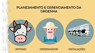 PLANEJAMENTO E GERENCIAMENTO DA
ORDENHA
PLANEJAMENTO E GERENCIAMENTO DA
ORDENHA
ROTINAS ORDENHADOR INSTALAÇÕES
 