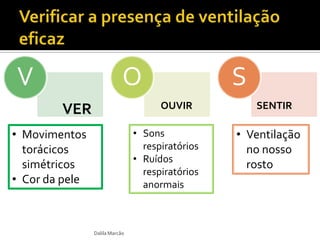 V O S
Dalila Marcão
VER OUVIR SENTIR
• Movimentos
torácicos
simétricos
• Cor da pele
• Sons
respiratórios
• Ruídos
respiratórios
anormais
• Ventilação
no nosso
rosto
 