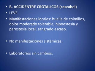 • B. ACCIDENTRE CROTALICOS (cascabel)
• LEVE
• Manifestaciones locales: huella de colmillos,
  dolor moderado tolerable, hipoestesia y
  parestesia local, sangrado escaso.

• No manifestaciones sistémicas.

• Laboratorios sin cambios.
 