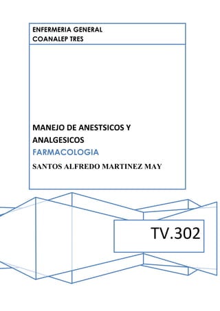 ENFERMERIA GENERAL
COANALEP TRES




MANEJO DE ANESTSICOS Y
ANALGESICOS
FARMACOLOGIA
SANTOS ALFREDO MARTINEZ MAY




                         TV.302
 