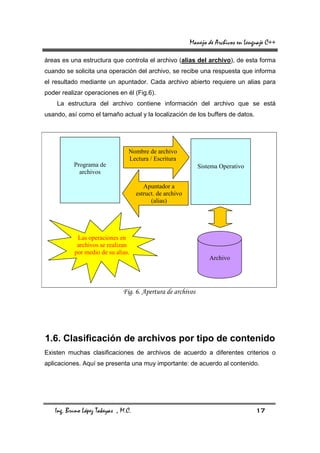 Manejo de Archivos en Lenguaje C++

áreas es una estructura que controla el archivo (alias del archivo), de esta forma
cuando se solicita una operación del archivo, se recibe una respuesta que informa
el resultado mediante un apuntador. Cada archivo abierto requiere un alias para
poder realizar operaciones en él (Fig.6).
    La estructura del archivo contiene información del archivo que se está
usando, así como el tamaño actual y la localización de los buffers de datos.




                                Nombre de archivo
                                Lectura / Escritura
          Programa de                                         Sistema Operativo
            archivos

                                        Apuntador a
                                     estruct. de archivo
                                           (alias)




            Las operaciones en
            archivos se realizan
           por medio de su alias.
                                                                  Archivo




                              Fig. 6. Apertura de archivos




1.6. Clasificación de archivos por tipo de contenido
Existen muchas clasificaciones de archivos de acuerdo a diferentes criterios o
aplicaciones. Aquí se presenta una muy importante: de acuerdo al contenido.




   Ing. Bruno López Takeyas , M.C.                                                   17
 