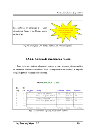 Manejo de Archivos en Lenguaje C++




Los archivos en Lenguaje C++ usan                                Calcule la dir. Física
direcciones físicas y no lógicas como                            antes de reposicionar
                                                                   el apuntador del
en PASCAL.                                                              archivo




              Fig.11. El lenguaje C++ maneja archivos con direcciones físicas




                    1.7.2.2. Cálculo de direcciones físicas

       Para poder reposicionar el apuntador de un archivo en un registro específico
es necesario calcular su dirección física correspondiente de acuerdo al espacio
ocupado por sus registros predecesores.




                                    Archivo: PRODUCTO.SEC

   Dir.      Dir.
   Lóg.      Fís.    No_prod      Descrip                       Cantidad    Precio        Garantia
   0         0       0            “Camisa de vestir”            100         65.80         ‘N’
   1         41      1            “Pantalón para dama”          234         115.50        ‘N’
   2         82      2            “Radiograbadora”              36          895.75        ‘S’
   3         123     3            “Gabinete para sala”          54          1532.60       ‘N’
   4         164
   5         205
                     Entero       Cadena [30]                   Entero      Real          Caracter
                         Fig. 12. Direcciones lógicas y físicas de un archivo.




   Ing. Bruno López Takeyas , M.C.                                                           23
 