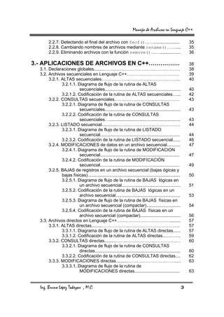 Manejo de Archivos en Lenguaje C++

        2.2.7. Detectando el final del archivo con feof()…….....................                               35
        2.2.8. Cambiando nombres de archivos mediante rename()……....                                           35
        2.2.9. Eliminando archivos con la función remove()…….................                                  36

3.- APLICACIONES DE ARCHIVOS EN C++…………….                                                                      38
  3.1. Declaraciones globales.........……....……………………………………                                                     38
  3.2. Archivos secuenciales en Lenguaje C++………………………………                                                       39
       3.2.1. ALTAS secuenciales……………….……………………………..                                                           40
              3.2.1.1. Diagrama de flujo de la rutina de ALTAS
                        secuenciales..............................................................             40
              3.2.1.2. Codificación de la rutina de ALTAS secuenciales…...                                     42
       3.2.2. CONSULTAS secuenciales.…….……………….………………                                                          43
              3.2.2.1. Diagrama de flujo de la rutina de CONSULTAS
                        secuenciales..............................................................             43
              3.2.2.2. Codificación de la rutina de CONSULTAS
                        secuenciales…..........................................................                43
       3.2.3. LISTADO secuencial............…….……………….………………                                                   44
              3.2.3.1. Diagrama de flujo de la rutina de LISTADO
                        secuencial.................................................................            44
              3.2.3.2. Codificación de la rutina de LISTADO secuencial......                                   46
       3.2.4. MODIFICACIONES de datos en un archivo secuencial...........                                      47
              3.2.4.1. Diagrama de flujo de la rutina de MODIFICACION
                        secuencial.................................................................            47
              3.2.4.2. Codificación de la rutina de MODIFICACIÓN
                        secuencial.................................................................            49
       3.2.5. BAJAS de registros en un archivo secuencial (bajas ógicas y
              bajas físicas)............................................................................       50
              3.2.5.1. Diagrama de flujo de la rutina de BAJAS lógicas en
                        un archivo secuencial................................................                  51
              3.2.5.2. Codificación de la rutina de BAJAS lógicas en un
                        archivo secuencial.....................................................                53
              3.2.5.3. Diagrama de flujo de la rutina de BAJAS físicas en
                        un archivo secuencial (compactar)............................                          54
              3.2.5.4. Codificación de la rutina de BAJAS físicas en un
                        archivo secuencial (compactar).................................                        56
  3.3. Archivos directos en Lenguaje C++……………………………….........                                                  57
       3.3.1. ALTAS directas........……………….……………………………..                                                       57
              3.3.1.1. Diagrama de flujo de la rutina de ALTAS directas......                                  57
              3.3.1.2. Codificación de la rutina de ALTAS directas........…...                                 59
       3.3.2. CONSULTAS directas..........…….……………….………………                                                     60
              3.3.2.1. Diagrama de flujo de la rutina de CONSULTAS
                        directas......................................................................         60
              3.3.2.2. Codificación de la rutina de CONSULTAS directas....                                     62
       3.3.3. MODIFICACIONES directas..........…….……………….…….....                                               63
              3.3.3.1. Diagrama de flujo de la rutina de
                        MODIFICACIONES directas.....................................                           63


  Ing. Bruno López Takeyas , M.C.                                                                          3
 