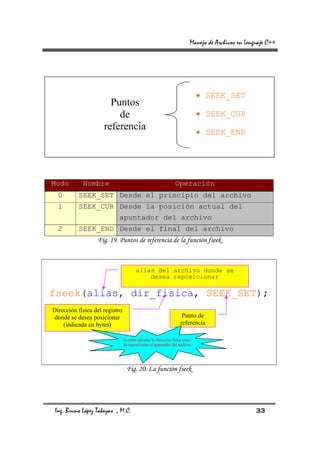 Manejo de Archivos en Lenguaje C++




                                                                             • SEEK_SET
                       Puntos
                         de                                                  • SEEK_CUR
                     referencia                                              • SEEK_END




Modo        Nombre                                              Operación
  0       SEEK_SET Desde el principio del archivo
  1       SEEK_CUR Desde la posición actual del
                           apuntador del archivo
  2       SEEK_END Desde el final del archivo
                  Fig. 19. Puntos de referencia de la función fseek



                                       alias del archivo donde se
                                           desea reposicionar

fseek(alias, dir_fisica, SEEK_SET);
Dirección física del registro
donde se desea posicionar                                           Punto de
    (indicada en bytes)                                            referencia

                                Se debe calcular la dirección física antes
                                de reposicionar el apuntador del archivo




                                  Fig. 20. La función fseek




 Ing. Bruno López Takeyas , M.C.                                                                   33
 