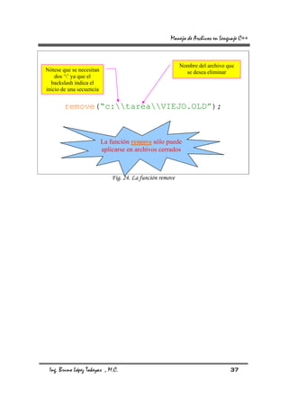 Manejo de Archivos en Lenguaje C++



                                                           Nombre del archivo que
Nótese que se necesitan                                      se desea eliminar
    dos ‘’ ya que el
  backslash indica el
inicio de una secuencia


        remove(“c:tareaVIEJO.OLD”);



                          La función remove sólo puede
                          aplicarse en archivos cerrados



                              Fig. 24. La función remove




 Ing. Bruno López Takeyas , M.C.                                                37
 