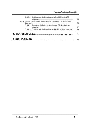 Manejo de Archivos en Lenguaje C++

               3.3.3.2. Codificación de la rutina de MODIFICACIONES
                         directas......................................................................           65
        3.3.4. BAJAS de registros en un archivo de acceso directo (bajas
               lógicas)....................................................................................       66
               3.3.4.1. Diagrama de flujo de la rutina de BAJAS lógicas
                         directas......................................................................           67
               3.3.4.2. Codificación de la rutina de BAJAS lógicas directas..                                     69

4.- CONCLUSIONES......................................…………….                                                      71

5.-BIBLIOGRAFÍA..............................................………….                                                72




   Ing. Bruno López Takeyas , M.C.                                                                            4
 
