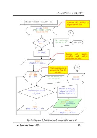 Manejo de Archivos en Lenguaje C++


            MODIFICACION SECUENCIAL                                 Apertura del archivo y
                                                                    asignación del alias
                           alias=OPEN
                        (“PRODUCTO.SEC”)
                           READ/WRITE                                  R


                                          V      “El archivo
                              alias=             no existe”                 return
                               NULL

                          F

                              No prod
                                                                Lectura     del      registro
                                                                completo     del     archivo
                                                                controlado por alias
                     READ
               (Registro,alias)

                                           Ciclo mientras no se                R

                                  F        encuentre el final del
                 WHILE                           archivo
                NOT EOF
                (alias)                 “No se encontró                     CLOSE
                                         el registro”                      (alias)

                  V

                                               V       Registro.descrip,
               Registro.no_prod                       Registro.cantidad,
                       =                                Registro.precio
                    no_prod                            Registro.garantia



                                                              SEEK
                    F                                    (FTELL(alias)-
                                                        sizeof(Registro)
                                                            ,alias)
                  READ
            (Registro,alias)
                                                            WRITE
                                                      (Registro,alias)



             Fig. 31. Diagrama de flujo de rutina de modificación secuencial

Ing. Bruno López Takeyas , M.C.                                                48
 