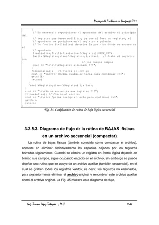 Manejo de Archivos en Lenguaje C++

         {
          // Es necesario reposicionar el apuntador del archivo al principio
del
          // registro que desea modificar, ya que al leer un registro, el
          // apuntador se posiciona en el registro siguiente
          // La funcion ftell(alias) devuelve la posicion donde se encuentra
el
          // apuntador
          fseek(alias,ftell(alias)-sizeof(Registro),SEEK_SET);
          fwrite(&Registro,sizeof(Registro),1,alias); // Graba el registro
con
                                         // los nuevos campos
          cout << "nnnrRegistro eliminado !!!";
         }
         fclose(alias);   // Cierra el archivo
         cout << "nr<<< Oprima cualquier tecla para continuar >>>";
         getch();
         return;
      }
      fread(&Registro,sizeof(Registro),1,alias);
     }
     cout << "nrNo se encuentra ese registro !!!";
     fclose(alias); // Cierra el archivo
     cout << "nr<<< Oprima cualquier tecla para continuar >>>";
     getch();
     return;
}
                   Fig. 34. Codificación de rutina de baja lógica secuencial




    3.2.5.3. Diagrama de flujo de la rutina de BAJAS físicas
                  en un archivo secuencial (compactar)
      La rutina de bajas físicas (también conocida como compactar el archivo),
consiste en eliminar definitivamente los espacios dejados por los registros
borrados lógicamente. Cuando se elimina un registro en forma lógica dejando en
blanco sus campos, sigue ocupando espacio en el archivo, sin embargo se puede
diseñar una rutina que se apoye de un archivo auxiliar (también secuencial), en el
cual se graben todos los registros válidos, es decir, los registros no eliminados,
para posteriormente eliminar el archivo original y renombrar este archivo auxiliar
como el archivo original. La Fig. 35 muestra este diagrama de flujo.




      Ing. Bruno López Takeyas , M.C.                                                54
 