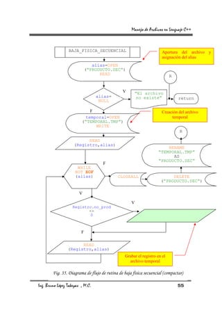 Manejo de Archivos en Lenguaje C++



                 BAJA_FISICA_SECUENCIAL                                Apertura del archivo y
                                                                       asignación del alias
                                alias=OPEN
                             (“PRODUCTO.SEC”)
                                   READ                                     R


                                               V      “El archivo
                                  alias=              no existe”                return
                                   NULL

                             F                                         Creación del archivo
                           temporal=OPEN                                    temporal
                         (“TEMPORAL.TMP”)
                               WRITE
                                                                                R

                           READ
                     (Registro,alias)
                                                                        RENAME
                                                                    “TEMPORAL.TMP”
                                                                          AS
                                                                    “PRODUCTO.SEC”
                                    F
                      WHILE
                     NOT EOF
                     (alias)                CLOSEALL                       DELETE
                                                                      (“PRODUCTO.SEC”)

                        V

                                                    V
                    Registro.no_prod
                           <>
                            0



                         F

                       READ
                 (Registro,alias)
                                                 Grabar el registro en el
                                                   archivo temporal

        Fig. 35. Diagrama de flujo de rutina de baja física secuencial (compactar)

Ing. Bruno López Takeyas , M.C.                                                 55
 