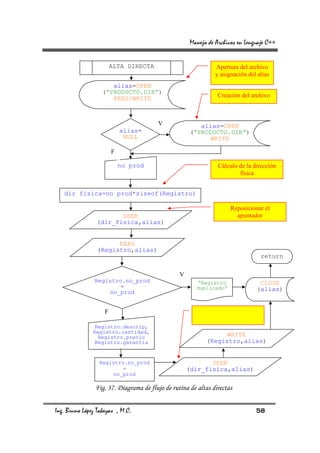 Manejo de Archivos en Lenguaje C++


                        ALTA DIRECTA                           Apertura del archivo
                                                               y asignación del alias
                      alias=OPEN
                   (“PRODUCTO.DIR”)
                      READ/WRITE                                Creación del archivo



                                        V               alias=OPEN
                            alias=                   (“PRODUCTO.DIR”)
                             NULL                          WRITE

                        F

                            no prod                             Cálculo de la dirección
                                                                        física


   dir fisica=no prod*sizeof(Registro)

                                                                     Reposicionar el
                       SEEK                                            apuntador
                (dir_fisica,alias)


                       READ
                 (Registro,alias)
                                                                                 return

                                                 V
                Registro.no_prod                        “Registro               CLOSE
                       =                               duplicado”              (alias)
                    no_prod


                    F

               Registro.descrip,
               Registro.cantidad,
                Registro.precio                                  WRITE
               Registro.garantia                           (Registro,alias)


                  Registro.no_prod                          SEEK
                          =                          (dir_fisica,alias)
                       no_prod

                Fig. 37. Diagrama de flujo de rutina de altas directas


Ing. Bruno López Takeyas , M.C.                                                58
 