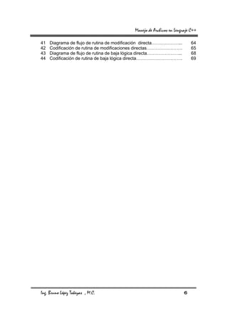 Manejo de Archivos en Lenguaje C++

41   Diagrama de flujo de rutina de modificación directa………………...         64
42   Codificación de rutina de modificaciones directas……………………            65
43   Diagrama de flujo de rutina de baja lógica directa…………………...         68
44   Codificación de rutina de baja lógica directa………………………….             69




Ing. Bruno López Takeyas , M.C.                                       6
 