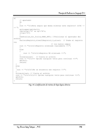 Manejo de Archivos en Lenguaje C++

el
        // apuntador
        do
        {
        cout << "nrEsta seguro que desea eliminar este registro? [S/N] --
-> ";
      op=toupper(getche());
       }while(op!='S' && op!='N');
       if(op=='S')
       {
      fseek(alias,dir_fisica,SEEK_SET); //Posicionar el apuntador del
archivo
      fwrite(&Registro,sizeof(Registro),1,alias); // Graba el registro
con
                                       // los nuevos campos
      cout << "nnnrRegistro eliminado logicamente !!!";
       }
       else
       {
           cout << "nnnrRegistro NO eliminado !!!";
       }
       fclose(alias);   // Cierra el archivo
       cout << "nr<<< Oprima cualquier tecla para continuar >>>";
       getch();
       return;
  }
  else
  {
   cout << "nnnrNo se encuentra ese registro !!!";
  }
  fclose(alias); // Cierra el archivo
  cout << "nnnnr<<< Oprima cualquier tecla para continuar >>>";
  getch();
  return;
}

                    Fig. 44. Codificación de rutina de baja lógica directa




     Ing. Bruno López Takeyas , M.C.                                                 70
 