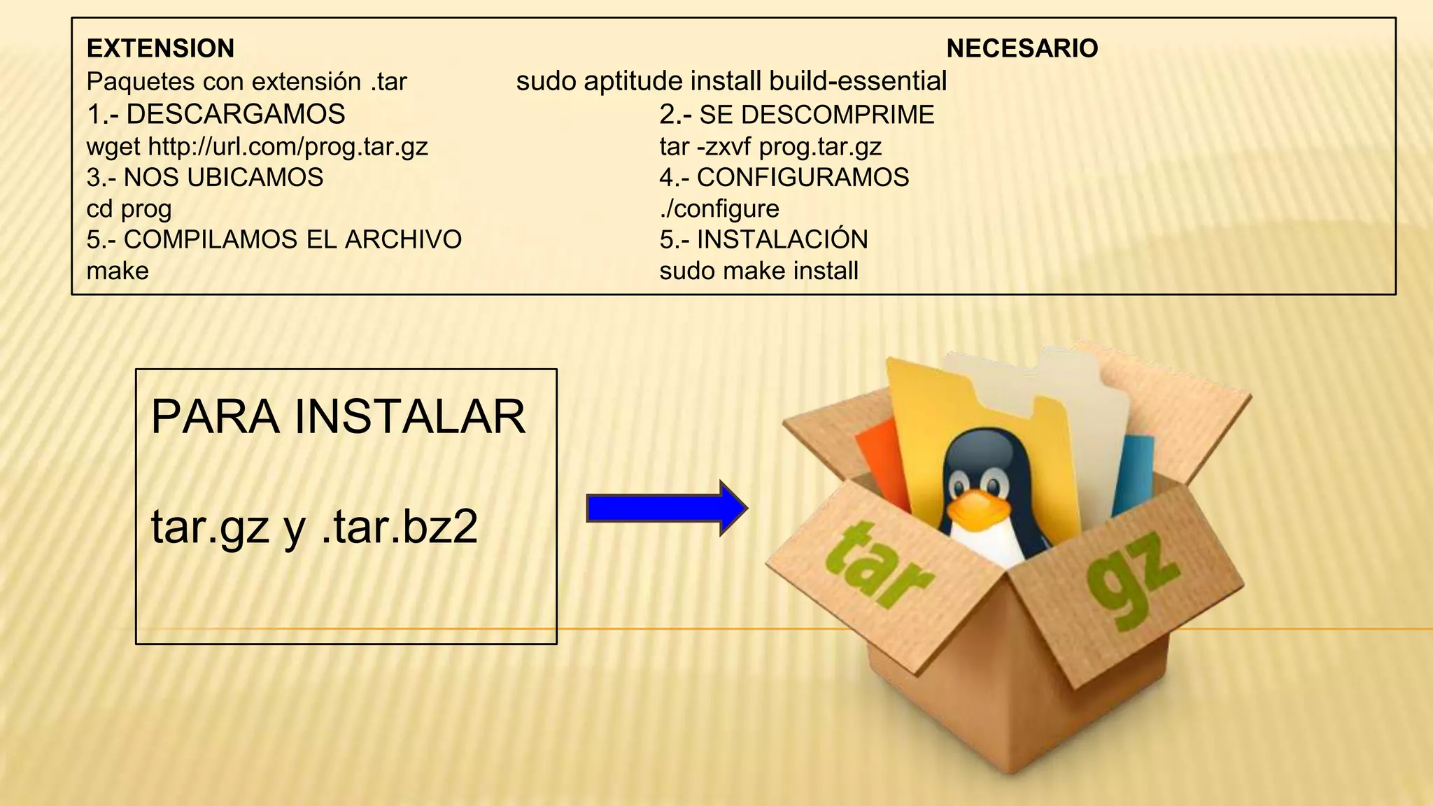 EXTENSION
Paquetes con extensión .tar

1.- DESCARGAMOS

NECESARIO

sudo aptitude install build-essential
2.- SE DESCOMPRIME

wget http://url.com/prog.tar.gz
3.- NOS UBICAMOS
cd prog
5.- COMPILAMOS EL ARCHIVO
make

PARA INSTALAR
tar.gz y .tar.bz2

tar -zxvf prog.tar.gz
4.- CONFIGURAMOS
./configure
5.- INSTALACIÓN
sudo make install

 