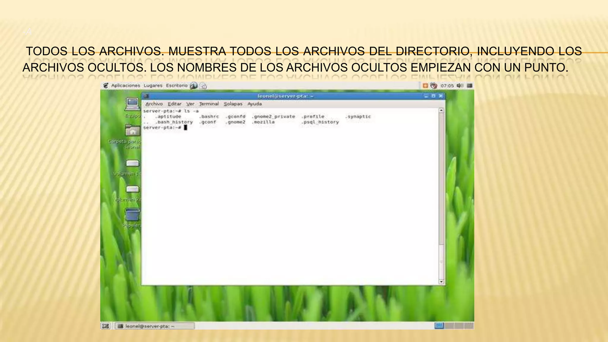 -A

TODOS LOS ARCHIVOS. MUESTRA TODOS LOS ARCHIVOS DEL DIRECTORIO, INCLUYENDO LOS
ARCHIVOS OCULTOS. LOS NOMBRES DE LOS ARCHIVOS OCULTOS EMPIEZAN CON UN PUNTO.

 