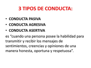 3 TIPOS DE CONDUCTA:
• CONDUCTA PASIVA
• CONDUCTA AGRESIVA
• CONDUCTA ASERTIVA
es “cuando una persona posee la habilidad para
transmitir y recibir los mensajes de
sentimientos, creencias y opiniones de una
manera honesta, oportuna y respetuosa”.
 
