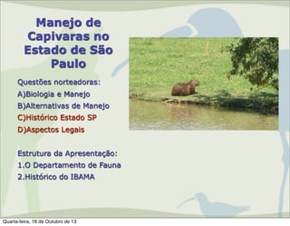 Manejo de
Capivaras no
Estado de São
Paulo
Questões norteadoras:
A)Biologia e Manejo
B)Alternativas de Manejo
C)Histórico Estado SP
D)Aspectos Legais
Estrutura da Apresentação:
1.O Departamento de Fauna
2.Histórico do IBAMA

Quarta-feira, 16 de Outubro de 13

 