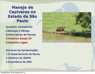 Manejo de
Capivaras no
Estado de São
Paulo
Questões norteadoras:
A)Biologia e Manejo
B)Alternativas de Manejo
C)Histórico Estado SP
D)Aspectos Legais
Estrutura da Apresentação:
1.O Departamento de Fauna
2.Histórico do IBAMA
3.Experiência da SMA

Quarta-feira, 16 de Outubro de 13

 