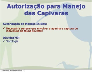 Autorização para Manejo
das Capivaras
Autorização de Manejo In Situ:
 Necessária sempre que envolver a apanha e captura de
indivíduos da fauna silvestre
Dúvidas?!?!
 Sorologia

Quarta-feira, 16 de Outubro de 13

 