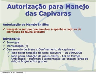 Autorização para Manejo
das Capivaras
Autorização de Manejo In Situ:
 Necessária sempre que envolver a apanha e captura de
indivíduos da fauna silvestre
Dúvidas?!?!
 Sorologia
 Translocação (!)
 Cercamento de áreas x Confinamento de capivaras
 Pode gerar situação de semi-cativeiro – IN 169/2008
 Pode gerar situação de maus-tratos – Lei de Crimes
Ambientais – restrição à alimentação, ao espaço (área de
vida) e brigas entre grupos.

Quarta-feira, 16 de Outubro de 13

 