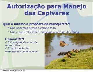 Autorização para Manejo
das Capivaras
Qual é mesmo a proposta de manejo?!?!?!
 Não podemos cercar o estado todo
 Não é possível eliminar todas as capivaras do estado
E agora?!?!?!
 Estratégias de controle
reprodutivo
 Estabilização do
crescimento populacional

Quarta-feira, 16 de Outubro de 13

 