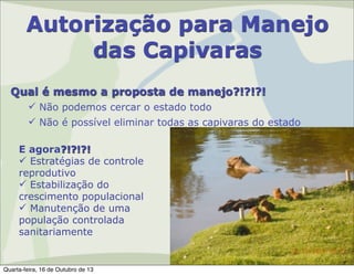 Autorização para Manejo
das Capivaras
Qual é mesmo a proposta de manejo?!?!?!
 Não podemos cercar o estado todo
 Não é possível eliminar todas as capivaras do estado
E agora?!?!?!
 Estratégias de controle
reprodutivo
 Estabilização do
crescimento populacional
 Manutenção de uma
população controlada
sanitariamente

Quarta-feira, 16 de Outubro de 13

 