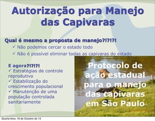 Autorização para Manejo
das Capivaras
Qual é mesmo a proposta de manejo?!?!?!
 Não podemos cercar o estado todo
 Não é possível eliminar todas as capivaras do estado
E agora?!?!?!
 Estratégias de controle
reprodutivo
 Estabilização do
crescimento populacional
 Manutenção de uma
população controlada
sanitariamente

Quarta-feira, 16 de Outubro de 13

Protocolo de
ação estadual
para o manejo
das capivaras
em São Paulo

 