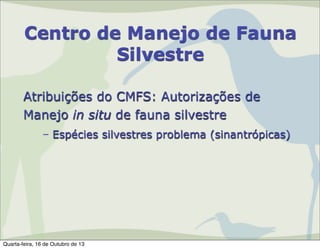 Centro de Manejo de Fauna
Silvestre
Atribuições do CMFS: Autorizações de
Manejo in situ de fauna silvestre
– Espécies silvestres problema (sinantrópicas)

Quarta-feira, 16 de Outubro de 13

 
