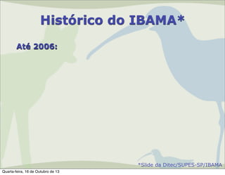 Histórico do IBAMA*
Até 2006:

*Slide da Ditec/SUPES-SP/IBAMA
Quarta-feira, 16 de Outubro de 13

 