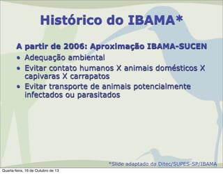 Histórico do IBAMA*
A partir de 2006: Aproximação IBAMA-SUCEN
• Adequação ambiental
• Evitar contato humanos X animais domésticos X
capivaras X carrapatos
• Evitar transporte de animais potencialmente
infectados ou parasitados

*Slide adaptado da Ditec/SUPES-SP/IBAMA
Quarta-feira, 16 de Outubro de 13

 