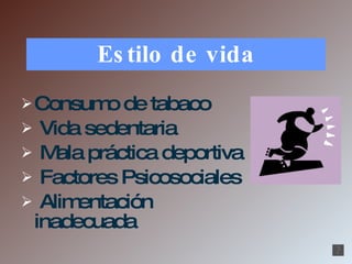 Estilo de vida Consumo de tabaco Vida sedentaria Mala práctica deportiva  Factores Psicosociales Alimentación inadecuada 