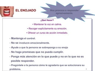 ¿Qué Hacer?
• Mantener la voz en calma.
• Recoger explícitamente su emoción.
• Ofrecer un curso de acción inmediato.
5
EL ENOJADO
- Mantenga el control.
- No se involucre emocionalmente.
- Ayude a que la persona se sobreponga a su enojo
- No haga promesas que no pueda cumplir.
- Ponga más atención en lo que puede y no en lo que no es
posible responder.
- Pregúntele a la persona cómo le agradaría que se solucionara su
problema.
Nos provoca a responder
agresivamente.
 