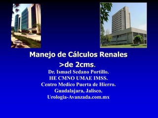 Manejo de Cálculos Renales
>de 2cms.
Dr. Ismael Sedano Portillo.
HE CMNO UMAE IMSS.
Centro Medico Puerta de Hierro.
Guadalajara, Jalisco.
Urologia-Avanzada.com.mx
 