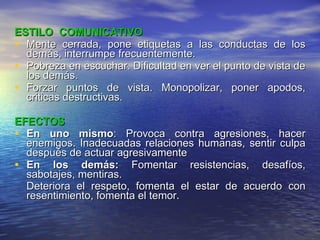 ESTILO  COMUNICATIVO Mente cerrada, pone etiquetas a las conductas de los demás, interrumpe frecuentemente. Pobreza en escuchar. Dificultad en ver el punto de vista de los demás. Forzar puntos de vista. Monopolizar, poner apodos, criticas destructivas. EFECTOS En uno mismo : Provoca contra agresiones, hacer enemigos. Inadecuadas relaciones humanas, sentir culpa después de actuar agresivamente En los demás:  Fomentar resistencias, desafíos, sabotajes, mentiras. Deteriora el respeto, fomenta el estar de acuerdo con resentimiento, fomenta el temor . 