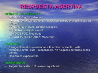 RESPUESTA ASERTIVA SEÑALES  NO  VERBALES GESTOS: Erguido, abierto. EXPRESION FACIAL: Atenta, interesada, congruente con lo que se expresa. CONTACTO VISUAL: Directo. Ojo a ojo. POSTURA: Relajada a nivel. TONO DE VOZ: Moderado. VELOCIDAD DEL HABLA: Moderada. CONDUCTA Escoge alternativas orientadas a la acción conciente. Justa, razonable, firme, auto – responsable. No niega los derechos de los demás. Realista en expectativas. SENTIMIENTOS Alegría, bienestar. Entusiasmo equilibrado. 