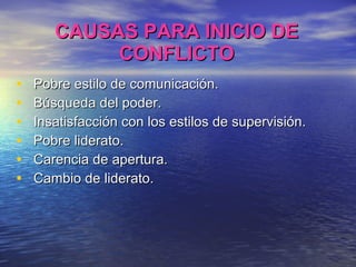 CAUSAS PARA INICIO DE CONFLICTO Pobre estilo de comunicación. Búsqueda del poder. Insatisfacción con los estilos de supervisión. Pobre liderato. Carencia de apertura. Cambio de liderato. 