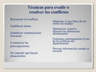 Técnicas para evadir o  resolver los conflictos Reconocer el conflicto Establecer metas Establecer comunicación frecuente Comunicar las preocupaciones No impedir que hayan desacuerdos Mantener el ego fuera de los estilos de manejo Mantenerse creativo Discutir las diferencias abiertamente Fomentar continuamente el uso de las políticas del departamento  Proveer información cuando se necesite 