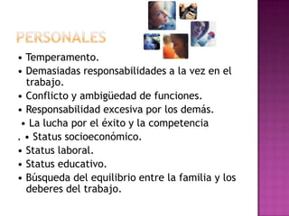 • Temperamento.
• Demasiadas responsabilidades a la vez en el
  trabajo.
• Conflicto y ambigüedad de funciones.
• Responsabilidad excesiva por los demás.
 • La lucha por el éxito y la competencia
. • Status socioeconómico.
• Status laboral.
• Status educativo.
• Búsqueda del equilibrio entre la familia y los
  deberes del trabajo.
 