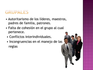 • Autoritarismo de los líderes, maestros,
  padres de familia, patrones.
• Falta de cohesión en el grupo al cual
  pertenece.
 • Conflictos interindividuales.
 • Incongruencias en el manejo de las
  reglas
 