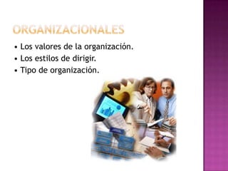 • Los valores de la organización.
• Los estilos de dirigir.
• Tipo de organización.
 