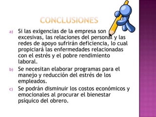 a)   Si las exigencias de la empresa son
     excesivas, las relaciones del personal y las
     redes de apoyo sufrirán deficiencia, lo cual
     propiciará las enfermedades relacionadas
     con el estrés y el pobre rendimiento
     laboral.
b)   Se necesitan elaborar programas para el
     manejo y reducción del estrés de los
     empleados.
c)   Se podrán disminuir los costos económicos y
     emocionales al procurar el bienestar
     psíquico del obrero.
 