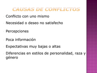    Conflicto con uno mismo
   Necesidad o deseo no satisfecho

   Percepciones

   Poca información
   Expectativas muy bajas o altas
   Diferencias en estilos de personalidad, raza y
    género
 