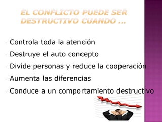  Controla   toda la atención
 Destruye   el auto concepto
 Divide   personas y reduce la cooperación
 Aumenta    las diferencias
 Conduce    a un comportamiento destructivo
 